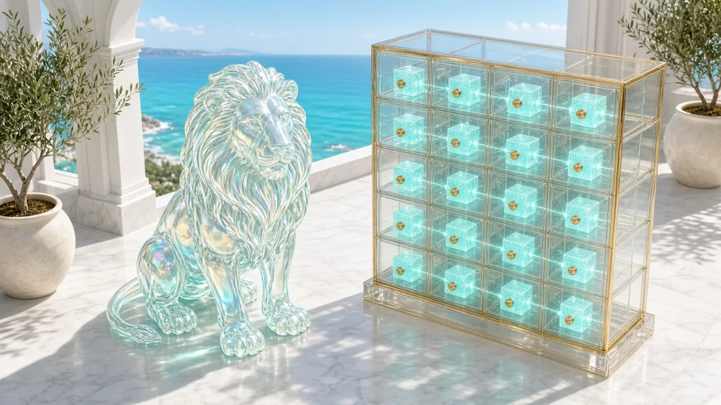 A friendly lion made of iridescent glass sitting guard beside a transparent glass cabinet of drawers holding glowing aqua data cubes linked by blockchain node lines on a sunny white marble rooftop terrace above a turquoise sea