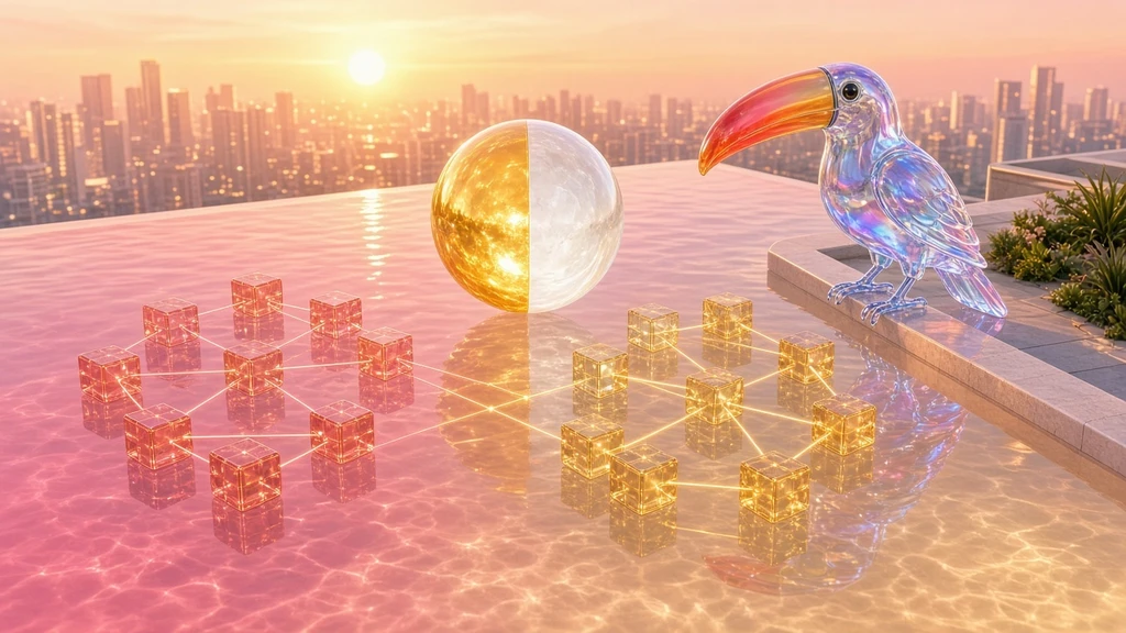 An iridescent glass toucan with a coral-to-amber beak perched on the stone edge of a sunlit rooftop infinity pool, where clusters of coral and amber glass data cubes linked by glowing gold node lines float on rose-pink water beside a half amber, half pearly white glass orb, with a golden-hour city skyline behind