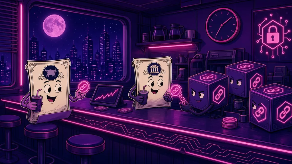 In a neon purple bar at night, paper certificate characters sip drinks beside cube characters under a glowing moon and city skyline