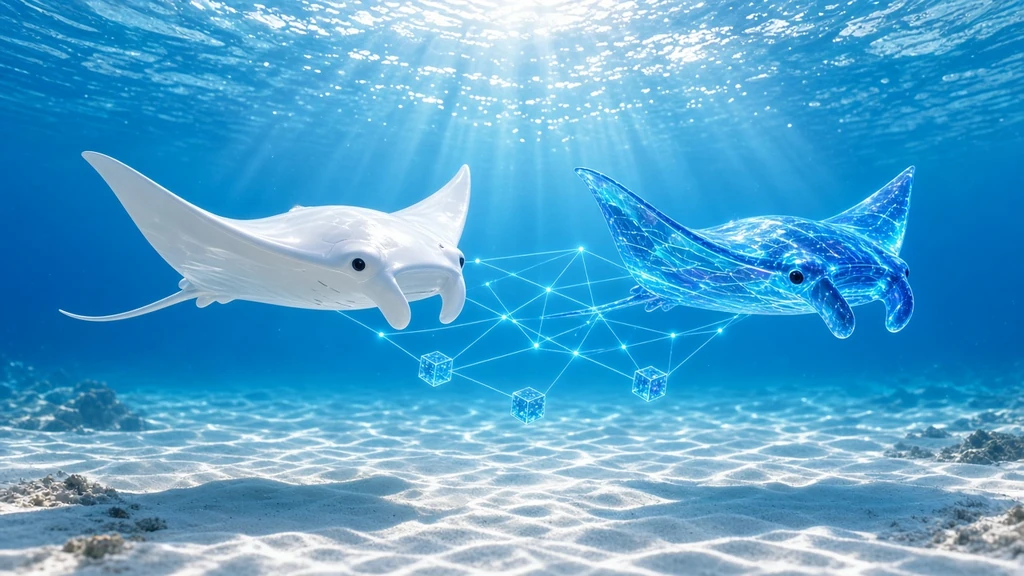 Two manta rays gliding in sync through a sunlit shallow lagoon over white sand, one white porcelain and its twin translucent electric-blue glass with cyan node-line circuitry, linked by glowing node lines and small glass data cubes
